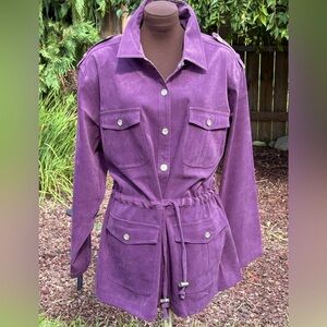NWT  DENIM & CO s2X rich dark plum cargo jacket-flattering drawstring waist